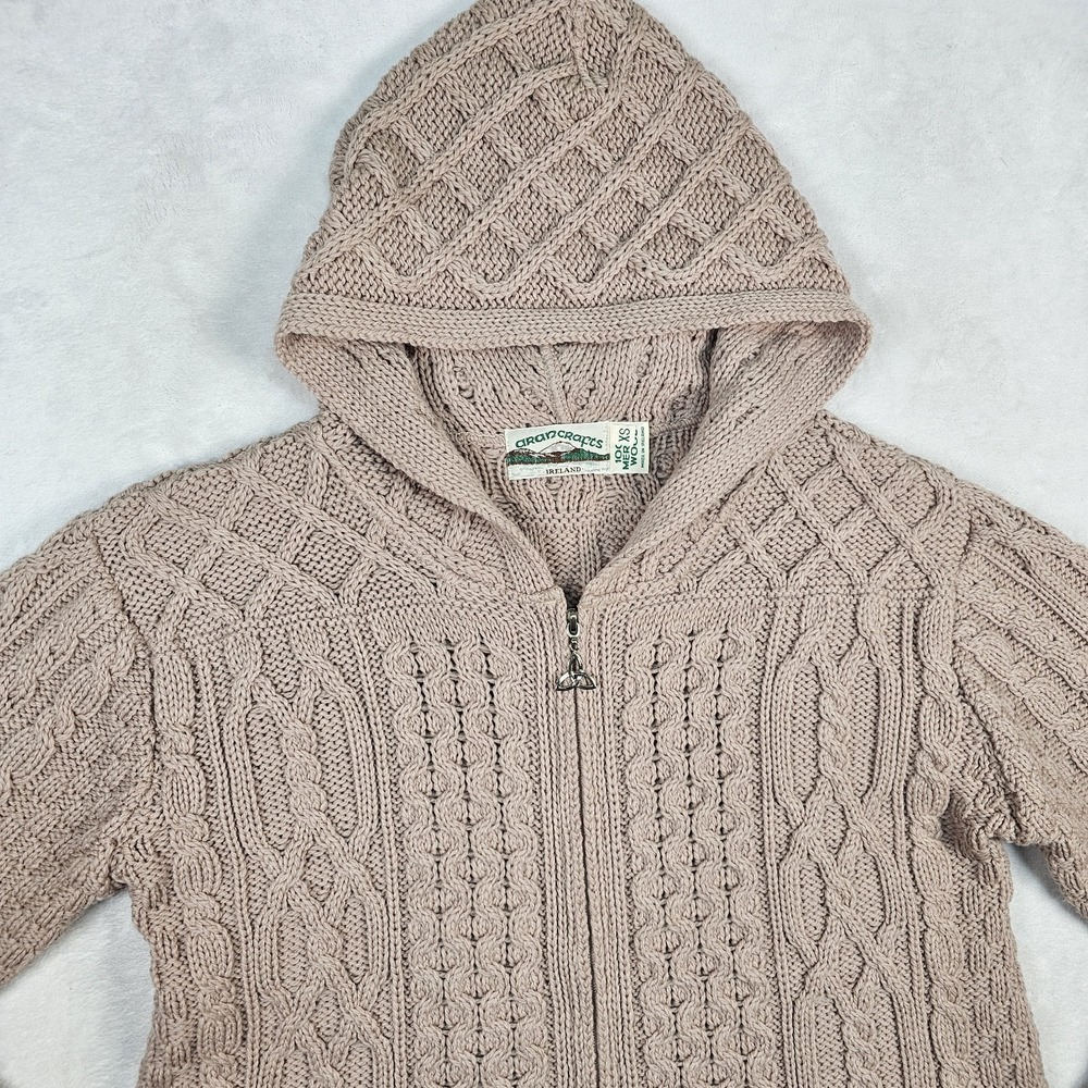 Aran Crafts Irish Wool Cable Knit Full Zip Cardigan Hoodie Womens XS Toupe Long - Picture 3 of 15